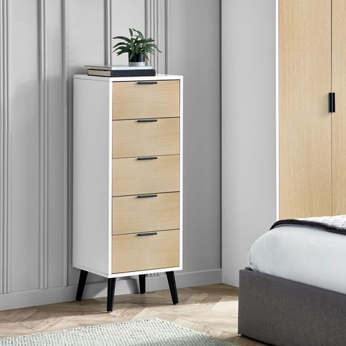 Alba White and Oak 5 Drawer Narrow Chest