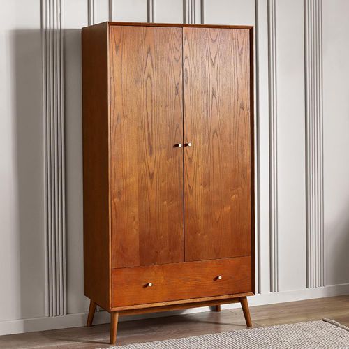Lowry Cherry Wood Retro Style 2 Door 1 Drawer Double Wardrobe