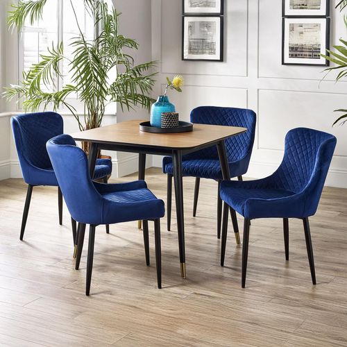 Findlay Walnut 4 Seater Square Dining Set with 4 Luxe Blue Chairs