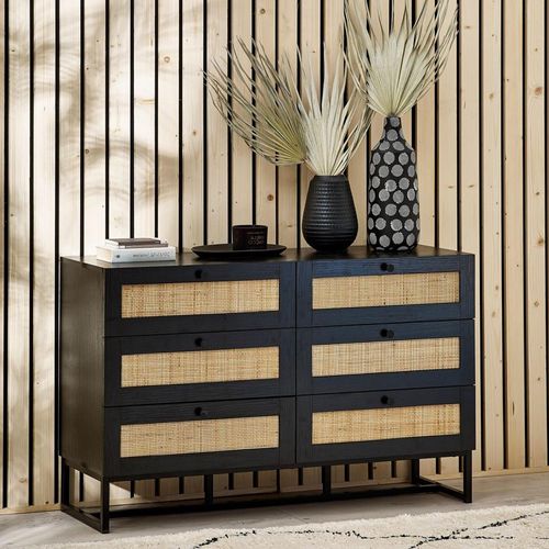 Padstow Black and Rattan 6 Drawer Wide Chest