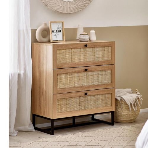 Padstow Oak and Rattan 3 Drawer Small Chest