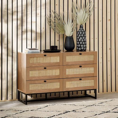 Padstow Oak and Rattan 6 Drawer Wide Chest