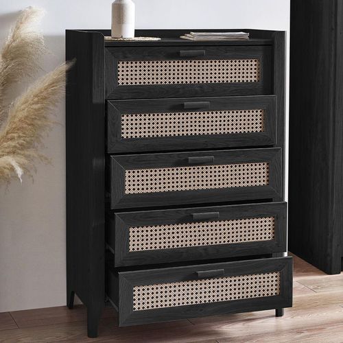 Sydney Black and Faux Rattan 5 Drawer Chest