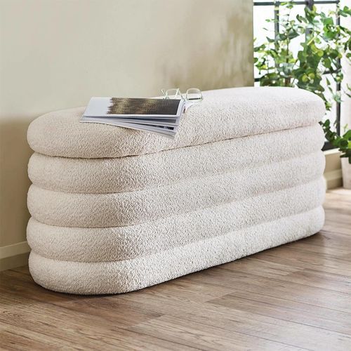 Hailey Ivory Boucle Fabric Ottoman Oval Storage Hall Bench