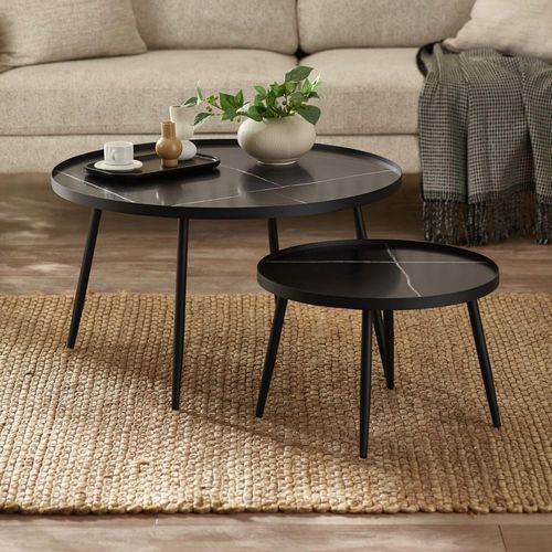 Nolan Black Marble Effect Round Nest of 2 Coffee Tables