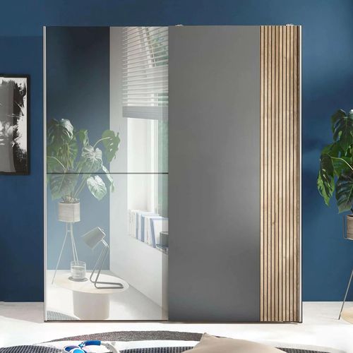 Berno Fluted Oak and Dark Grey 2 Door Sliding Mirror Wardrobe