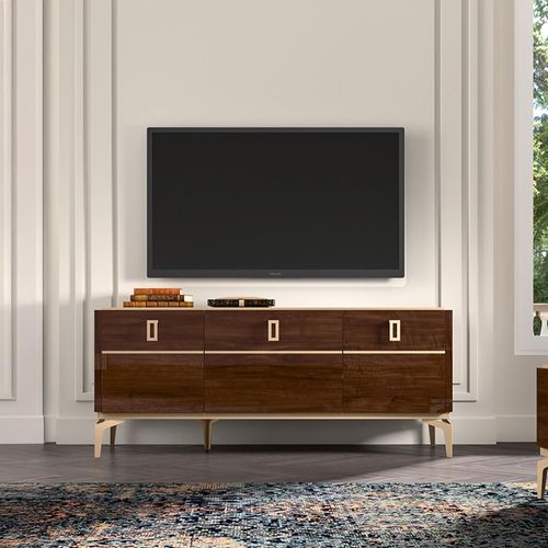 Modern Eva Walnut Italian 140cm TV Unit with Gold Trim