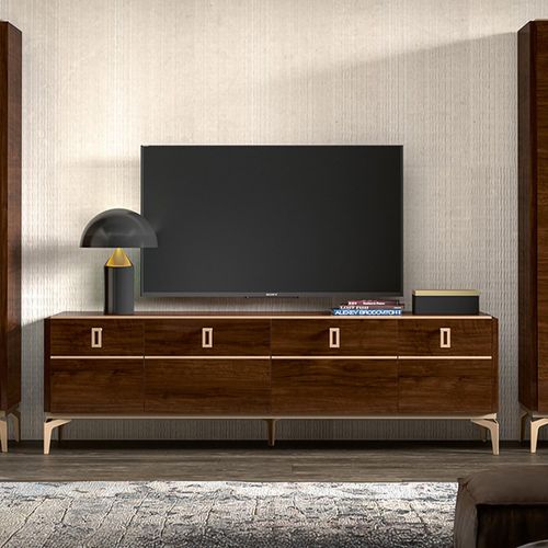 Modern Eva Walnut Italian 195cm TV Unit with Gold Trim