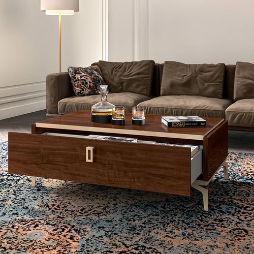 Modern Eva Walnut Italian Storage Coffee Table with Gold Trim