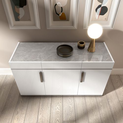 Modern Mara White 140cm Medium Buffet 3 Door Sideboard with Metal Handle