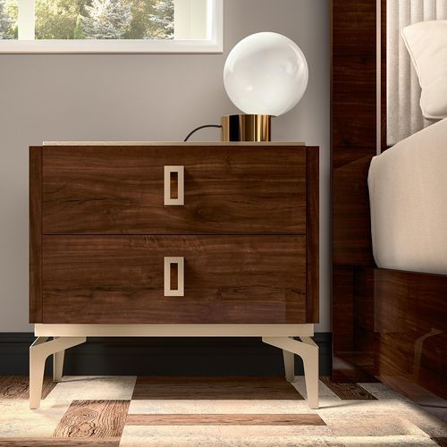 Modern Eva Walnut Italian 2 Drawer Bedside Cabinet with Gold Trim