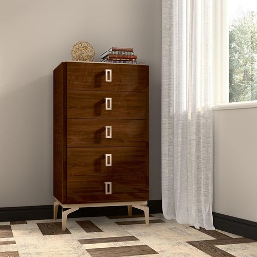 Modern Eva Walnut Italian 5 Drawer Tall Chest with Gold Trim