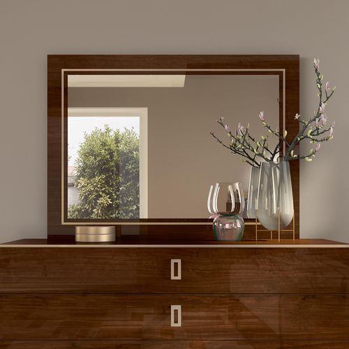 Modern Eva Walnut Italian Wall Mirror with Gold Trim - 123cm