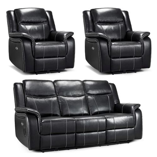 Galaxy Black Faux Leather 3+1+1 Seater Electric Recliner Sofa Set