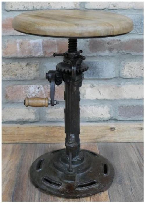 Dutch Industrial Mango Wood and Metal Adjustable Round Stool