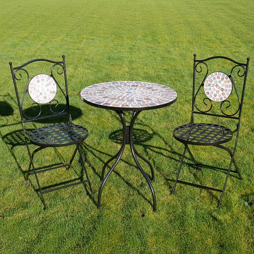 Mosaic Black Metal Round Garden Table with 2 Chairs