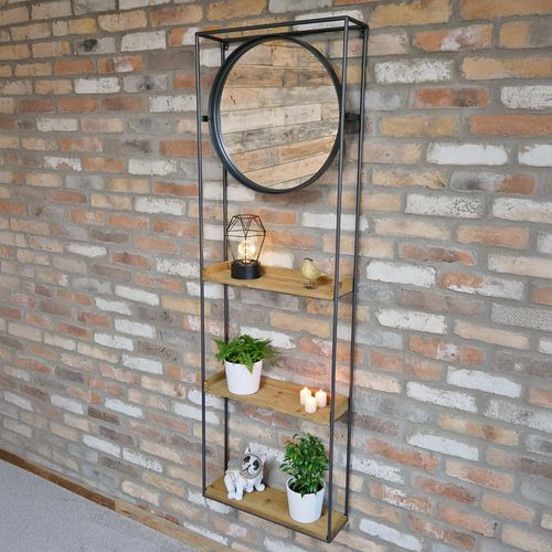 Dutch Industrial Fir Wood and Metal Wall Unit with Round Mirror