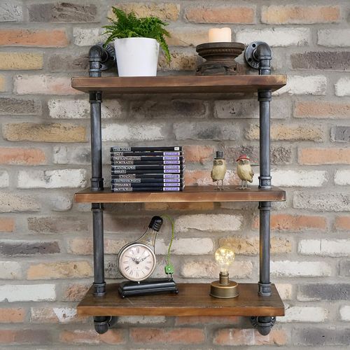 Dutch Black Metal Pipe 3 Wooden Wall Shelves