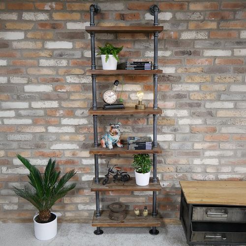 Dutch Black Metal Pipe 6 Wooden Wall Shelves