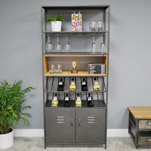 Dutch Industrial Retro Fir Wood and Metal Wine Cabinet