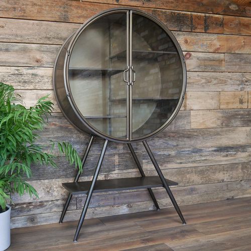 Dutch Industrial Grey Metal Round 2 Glass Door Display Cabinet