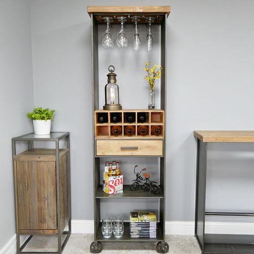 Dutch Wood and Metal Wine Tall Cabinet on Wheels