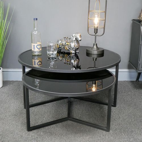 Dutch Black Glass and Metal Round Coffee Table - Set of 2