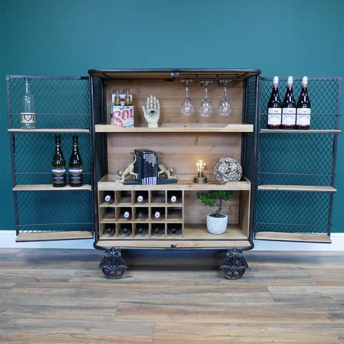 Dutch Industrial Fir Wood Black and Metal Bar Cabinet on Wheels