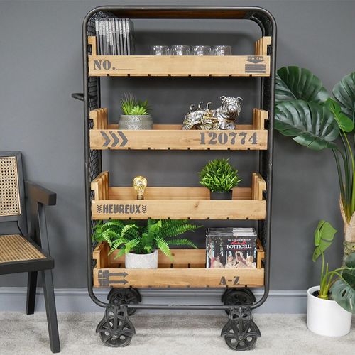 Dutch Industrial Fir Wood and Metal Shelves on Wheels