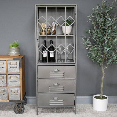 Dutch Industrial Grey Metal 1 Door 3 Drawer Display Cabinet