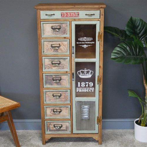 Dutch Industrial Fir Wood 1 Door Multi Drawer Apothecary Tall Cabinet
