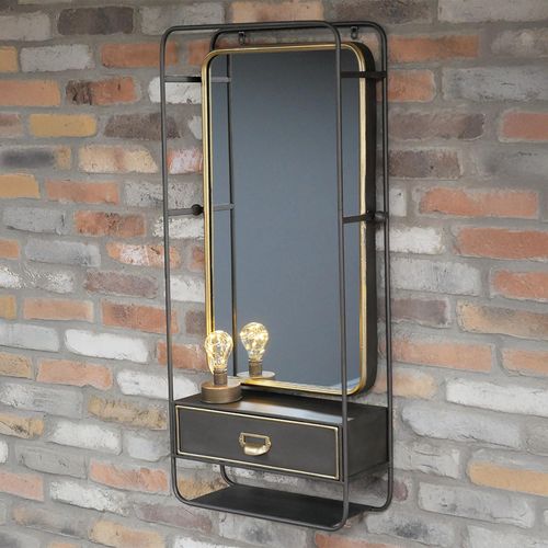 Dutch Black Metal and Gold 1 Drawer Wall Unit with Mirror