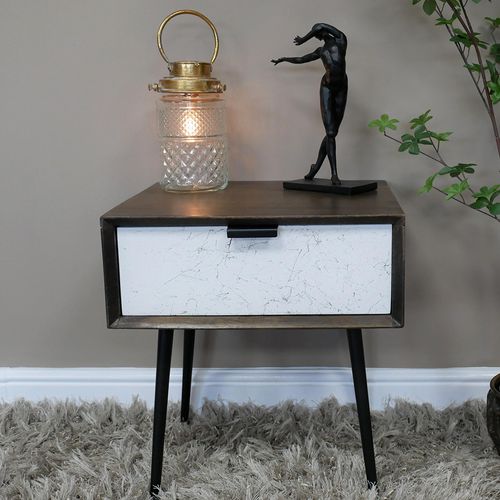 Dutch Mango Wood and Marble Effect 1 Drawer Bedside Cabinet