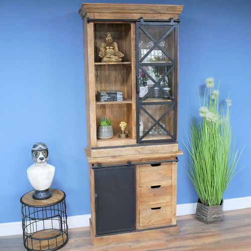 Dutch Industrial Mango Wood and Glass Dresser Unit