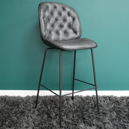 2 x Dutch Dark Grey Faux Leather Tufted Bar Stool