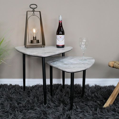 Dutch Set of 2 Grey Marble Top Triangular Side Tables