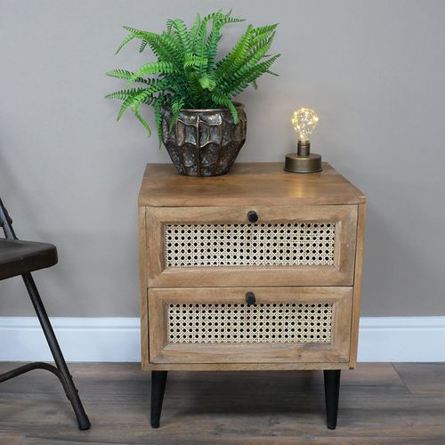 Dutch Acacia Wood and Rattan 2 Drawer Bedside Cabinet
