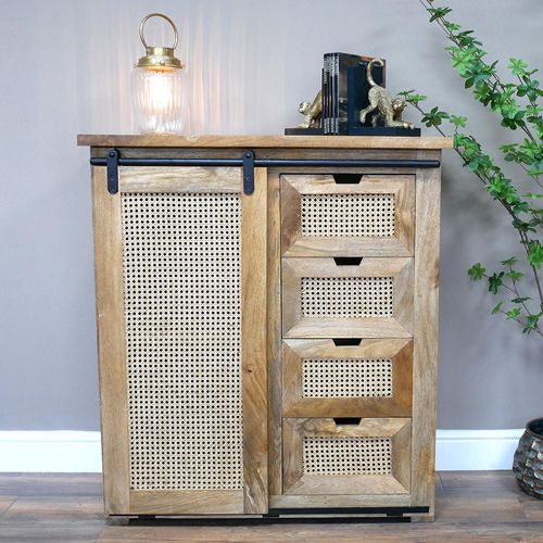 Dutch Mango Wood and Rattan Sliding Door Storage Cabinet