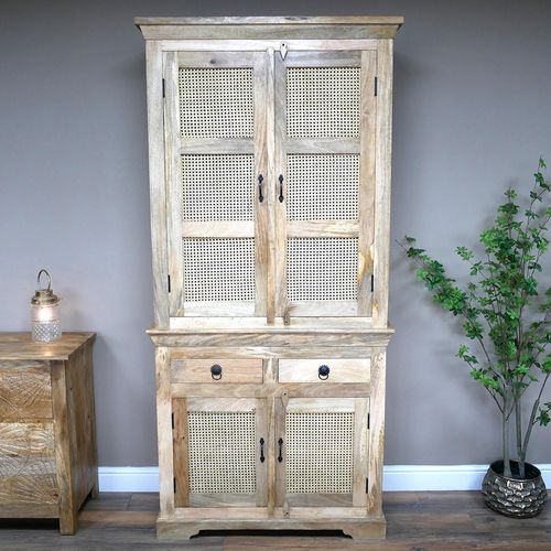 Dutch Mango Wood and Rattan Tall Hall Cabinet