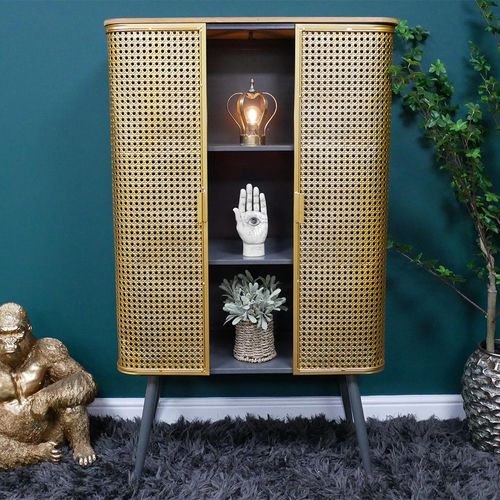 Dutch Industrial Gold Metal Rattan 2 Door Display Cabinet