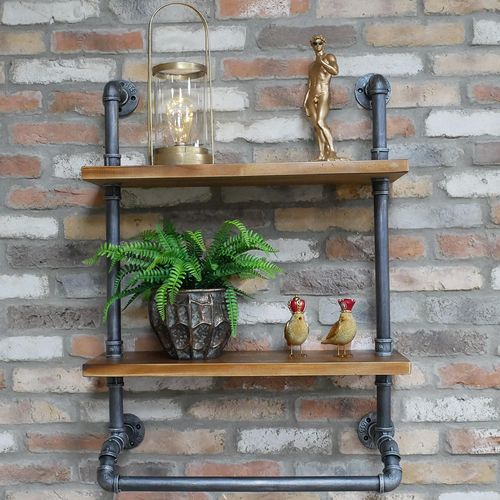 Dutch Black Metal Pipe 2 Wooden Wall Shelves
