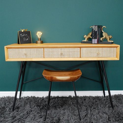 Dutch Rubber Wood and Rattan 3 Drawer Desk