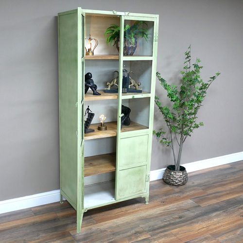 Dutch Industrial Green Metal and Glass 2 Door Display Cabinet
