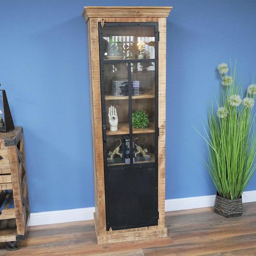 Dutch Industrial Rustic Mango Wood and Glass Tall Cabinet