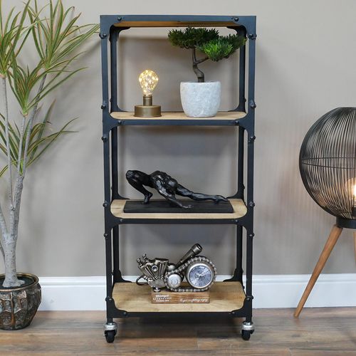 Dutch Industrial Mango Wood and Metal Narrow Shelves on Wheels