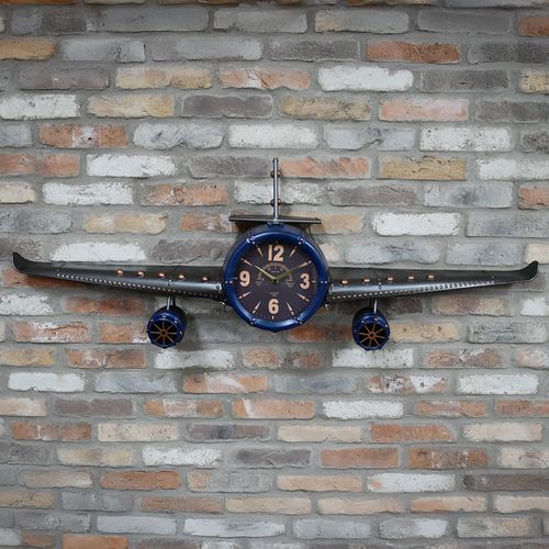 Industrial Style Blue and Black Metal Aeroplane Wall Clock