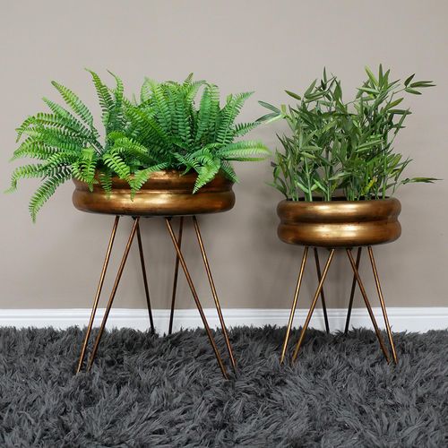 Gold Round Planters with Hairpin Legs - Set of 2
