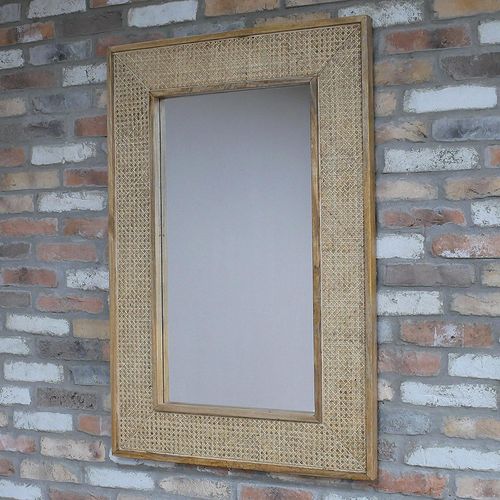 Acacia Wood and Rattan Frame Rectangular Wall Mirror