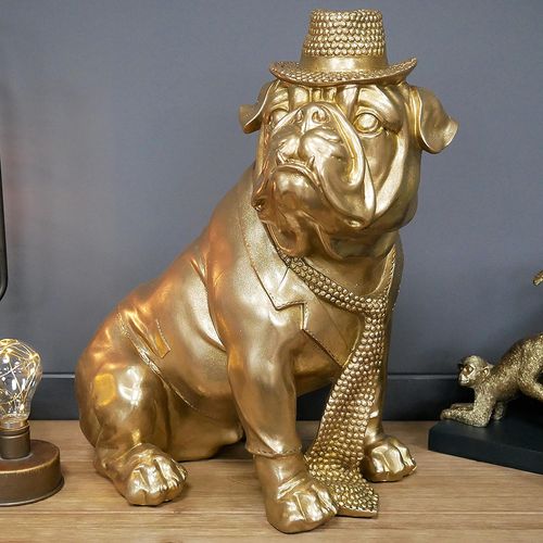 Gold Bulldog Statue with Hat and Tie