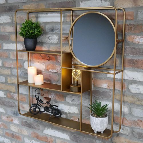 Dutch Gold Metal Shelves with Round Mirror
